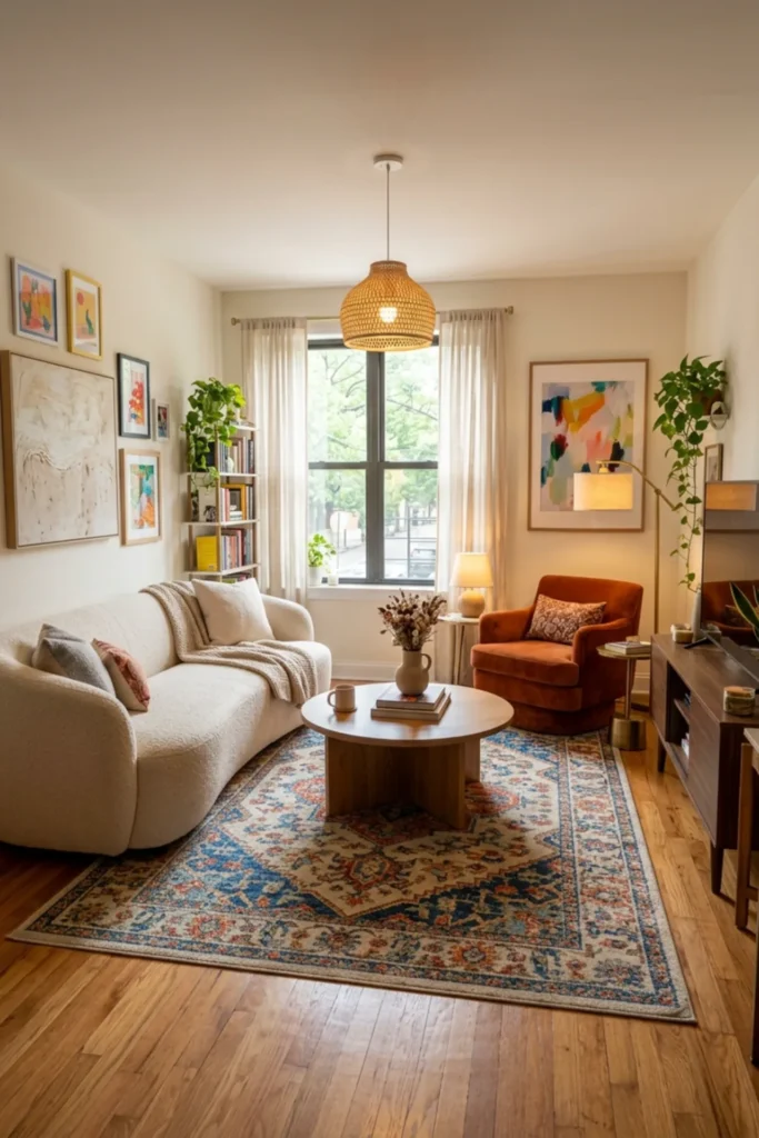 Finished vibey apartment living room with color, curves and cozy lighting