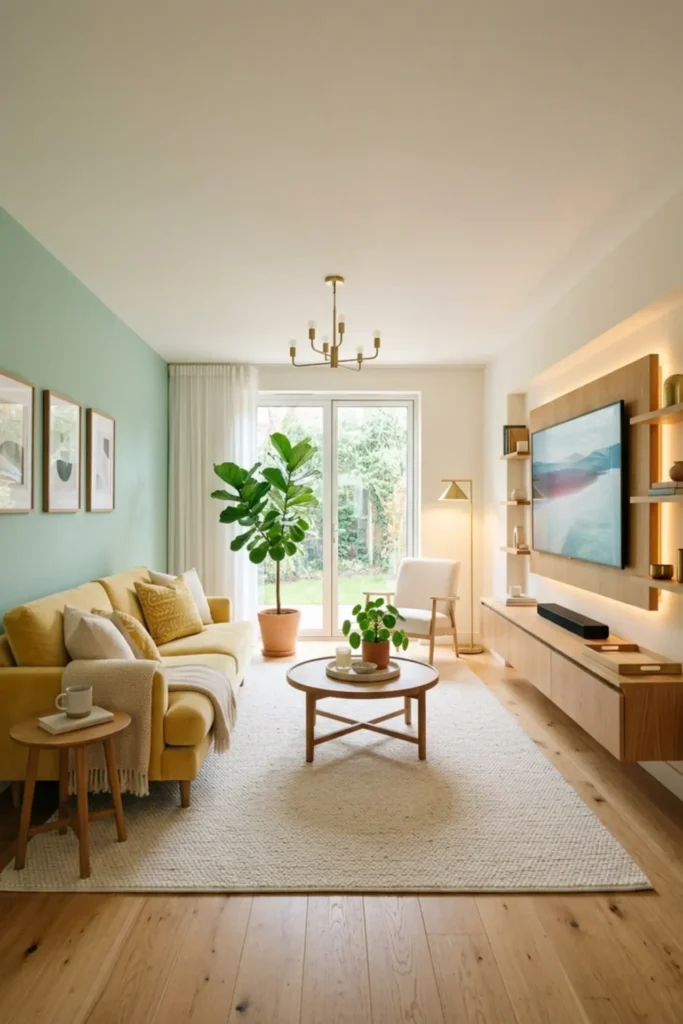 Finished yellow and mint living room styled fresh and uncluttered
