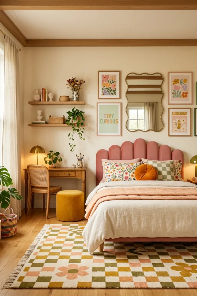 Finished colorful funky bedroom with bold color, curves and balanced pattern