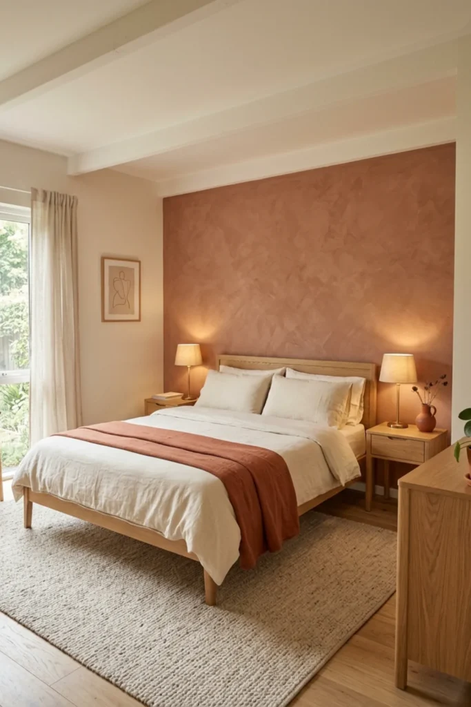 Finished terracotta bedroom styled cozy and uncluttered