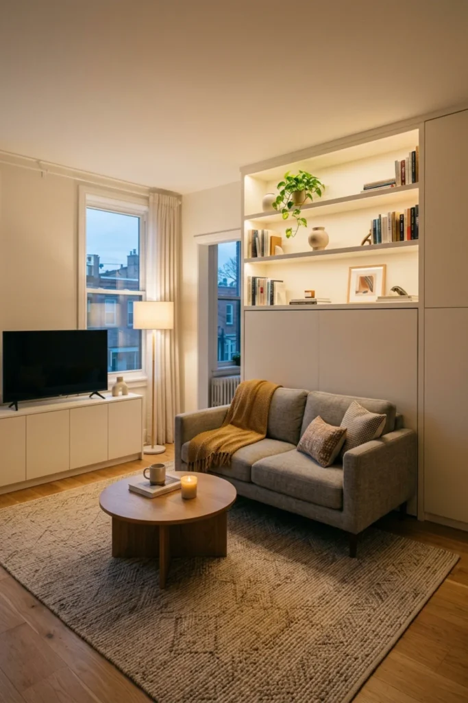 Finished small apartment storage wall that looks built-in and uncluttered