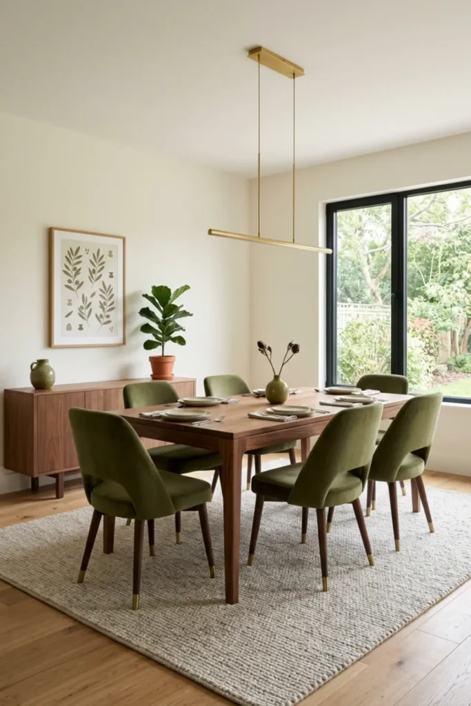 Finished modern olive dining room styled warm and uncluttered
