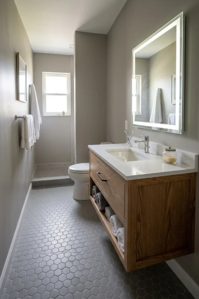 Grey Bathroom Ideas with LED Mirror