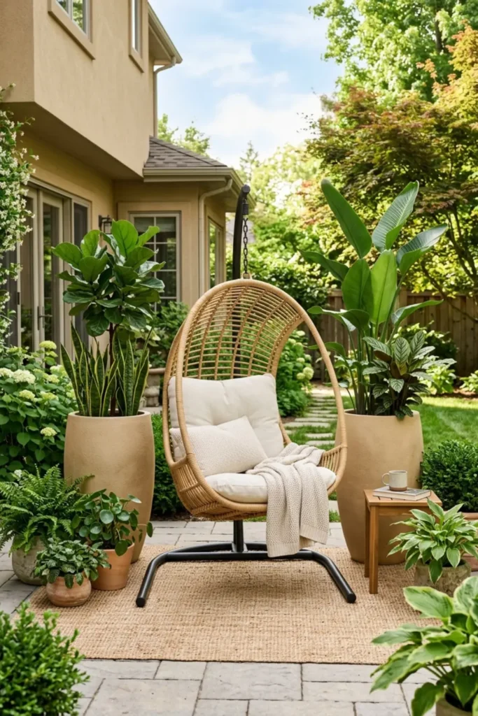 Hanging chair framed by two tall planters in a patio garden