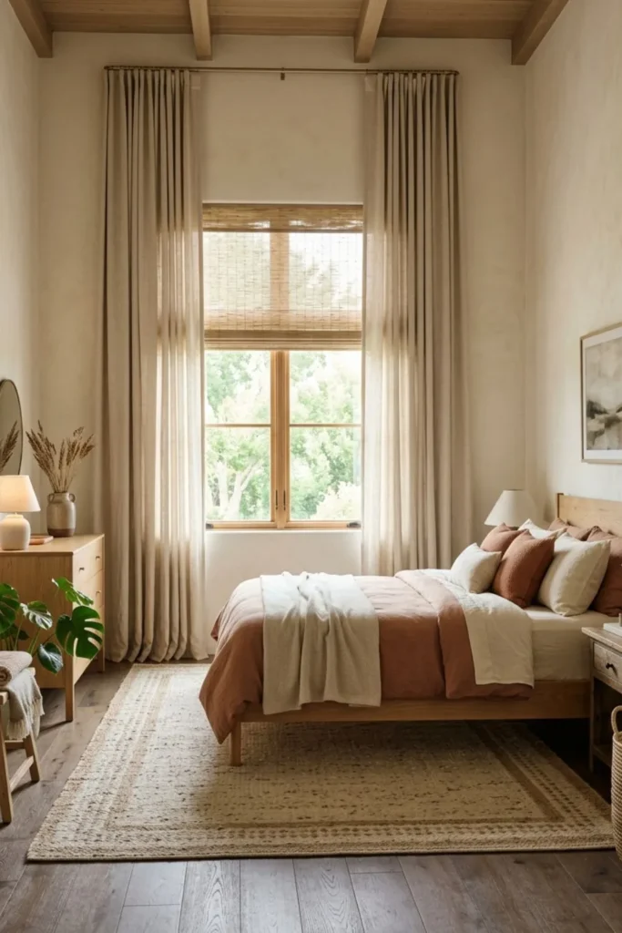Afrohemian bedroom with high linen curtains and a woven bamboo shade