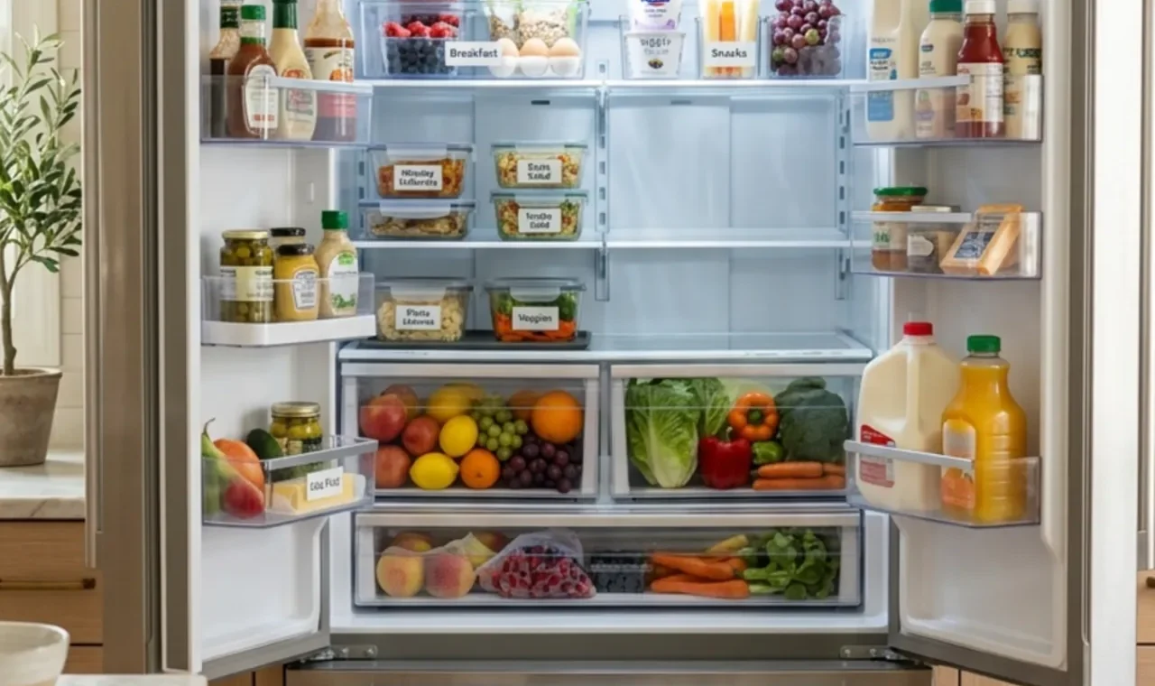 Aesthetic organized refrigerator with realistic food zones and clear storage bins