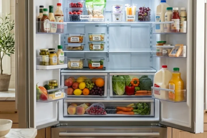 Aesthetic organized refrigerator with realistic food zones and clear storage bins