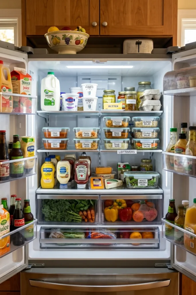 Refrigerator leftovers zone with shallow labeled glass containers