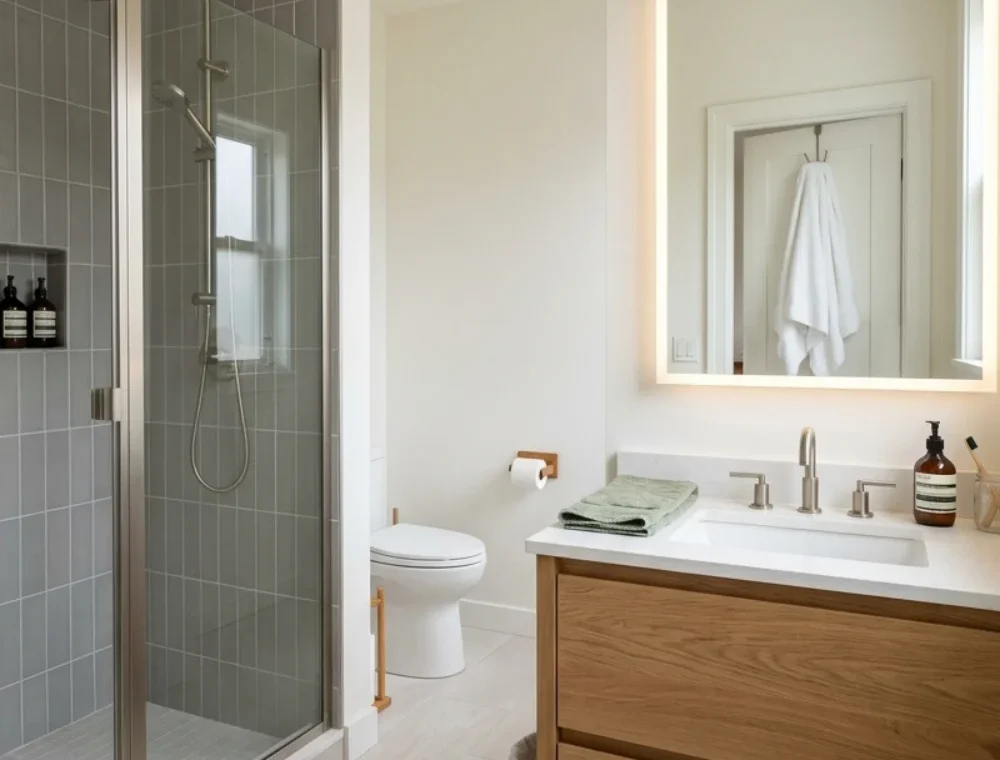 Grey Bathroom Ideas with LED Mirror