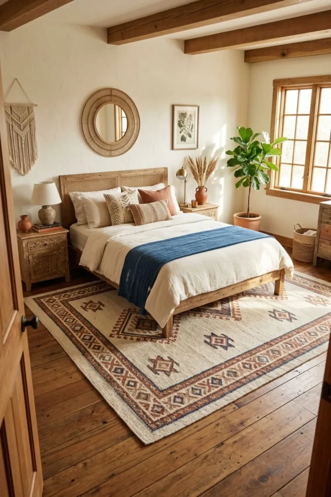 Afrohemian bedroom with a correctly sized handwoven rug under a queen bed