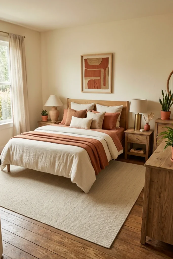 Terracotta bedroom grounded by a large oatmeal rug