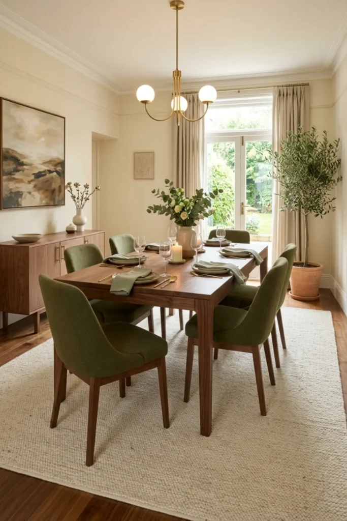 Olive dining room grounded by a large cream textured rug