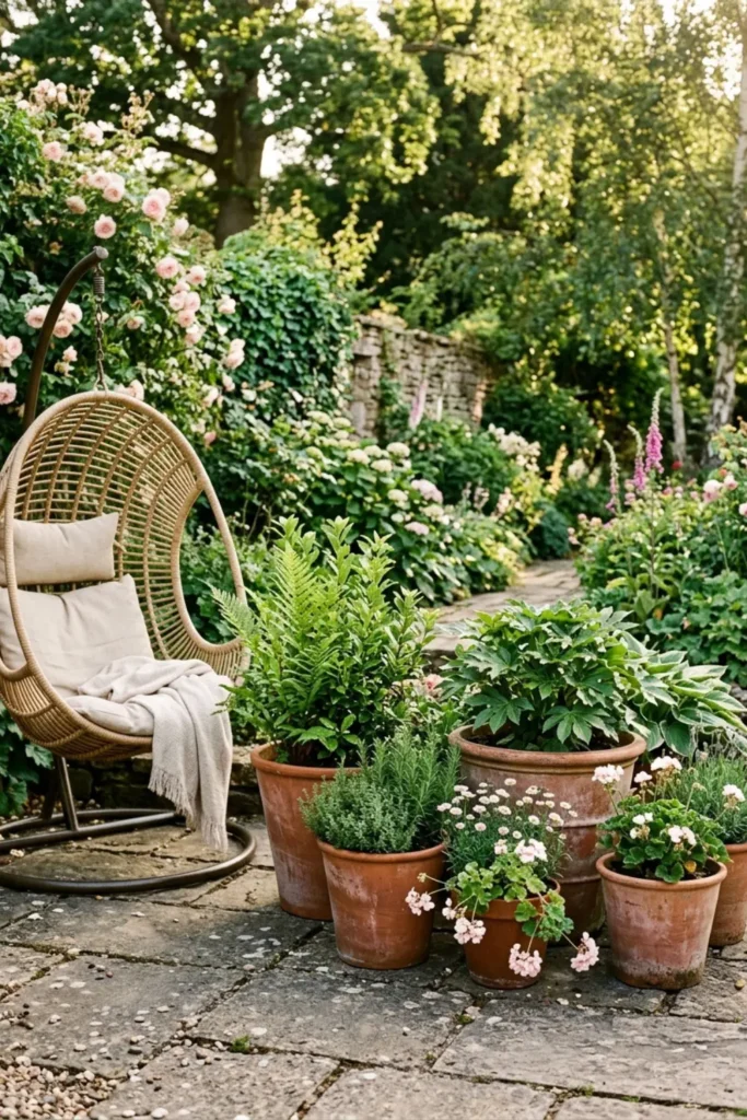 Patio hanging chair beside a grouped collection of terracotta planters
