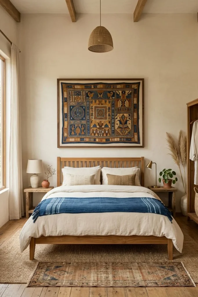 Afrohemian bedroom with one oversized African artwork above the bed