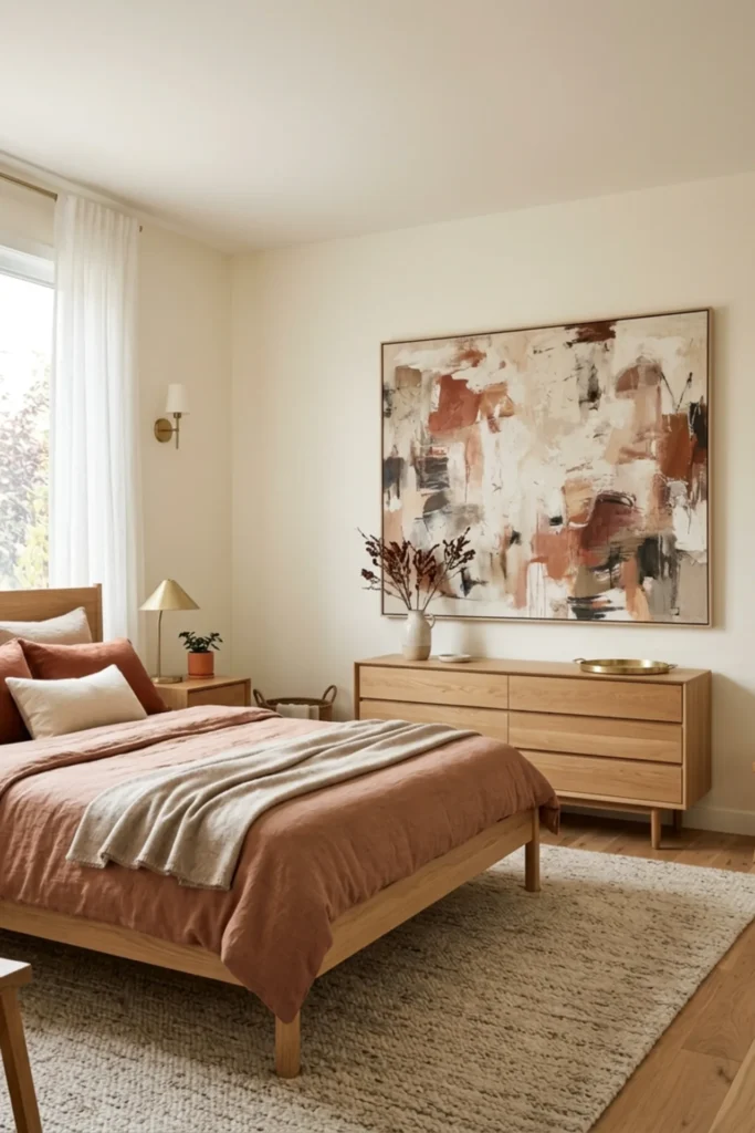 Terracotta bedroom with oversized earth-tone abstract artwork