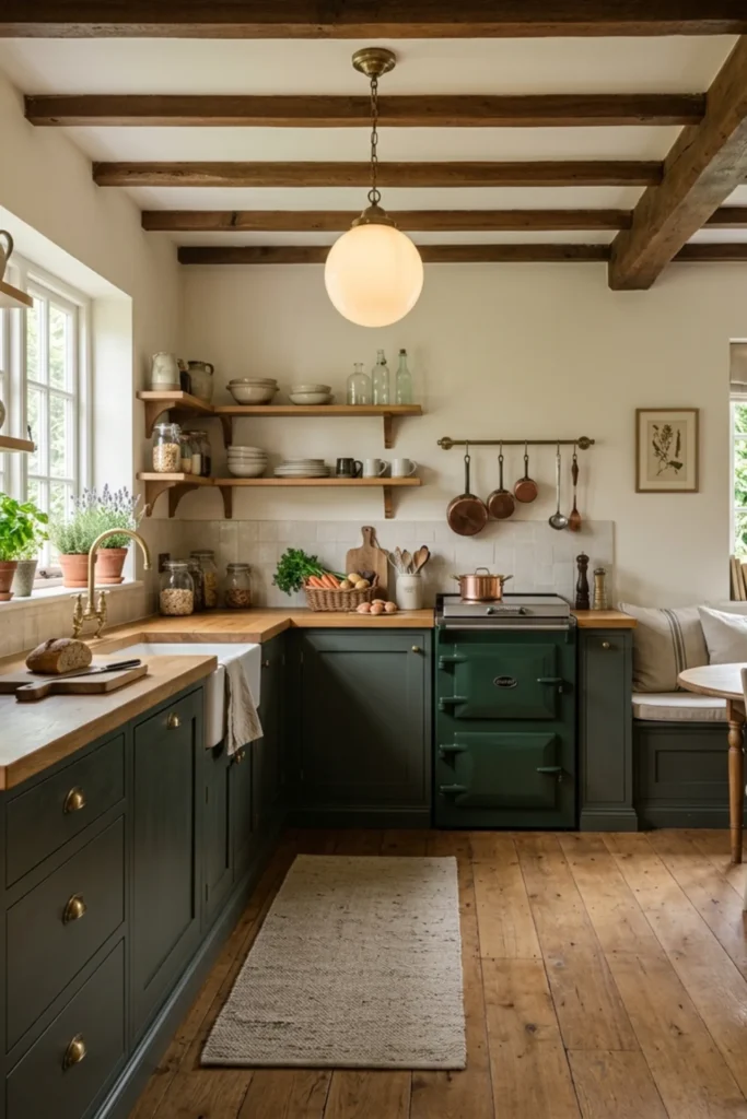 Small dark cottagecore kitchen with a vintage-style pendant light