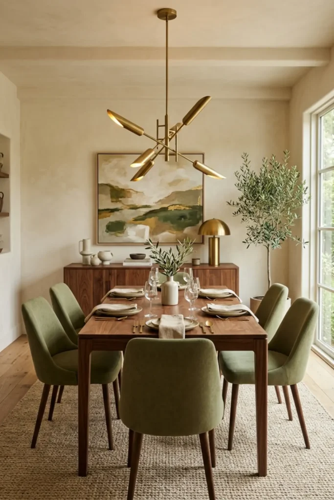 Olive dining room with a warm brass pendant above the table