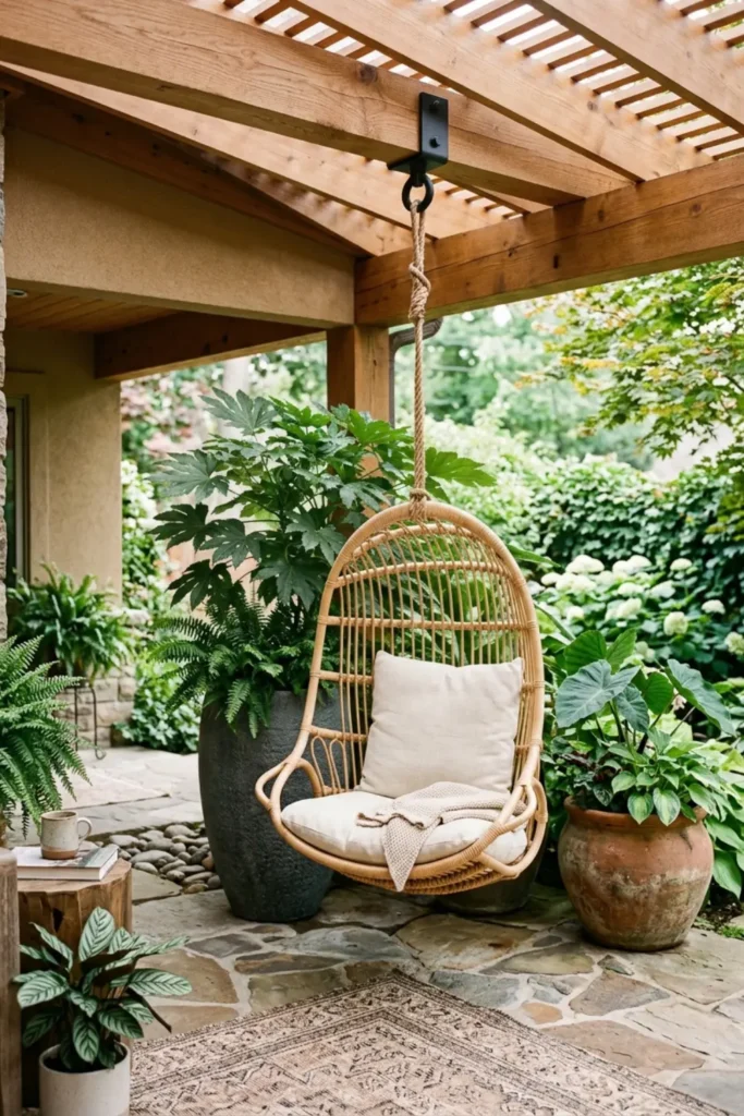 Covered patio garden with a hanging chair under a pergola