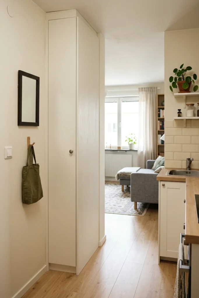 Slim hidden utility cabinet for cleaning supplies in a small apartment