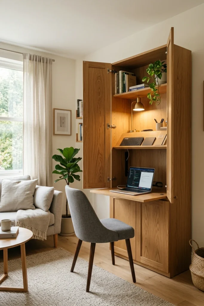 Small apartment home office hidden inside a cabinet
