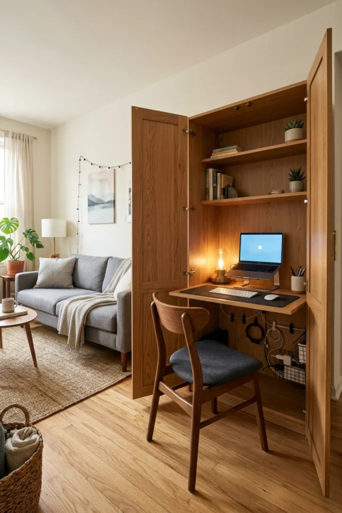 Small apartment home office hidden inside a cabinet