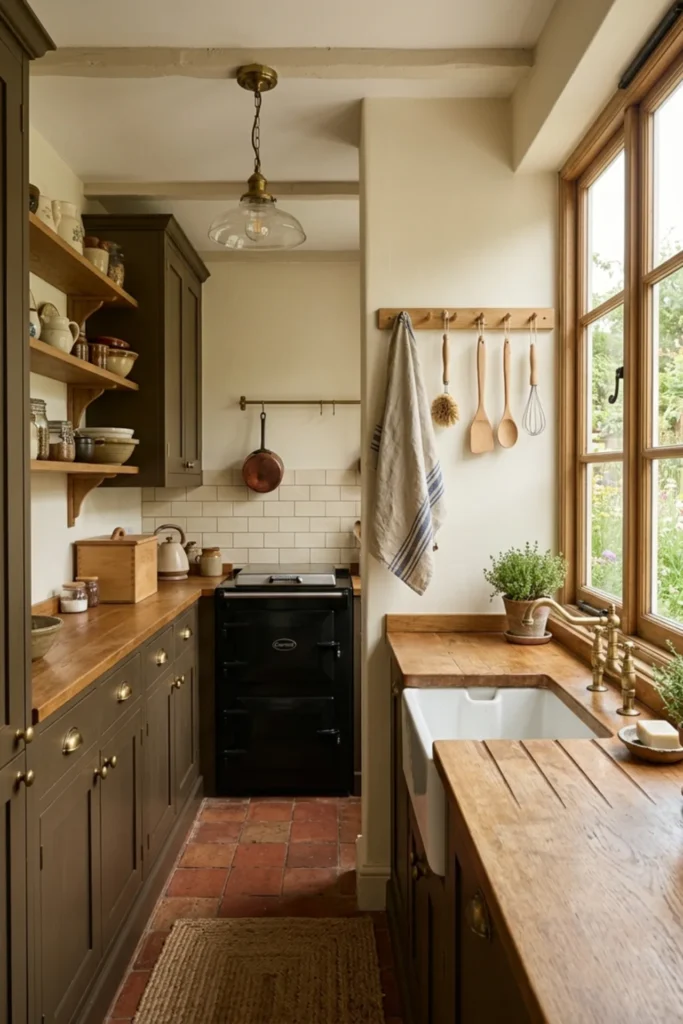 Dark cottagecore kitchen with a slim wooden peg rail
