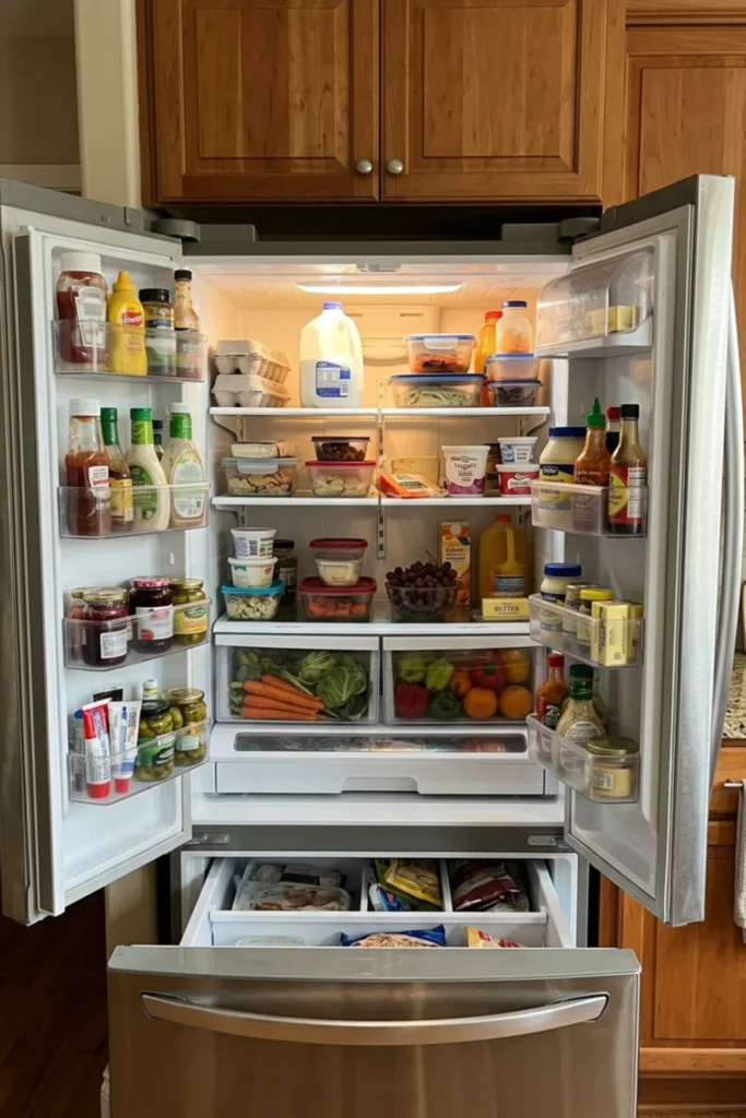 Refrigerator door bins organized with condiments in original packaging