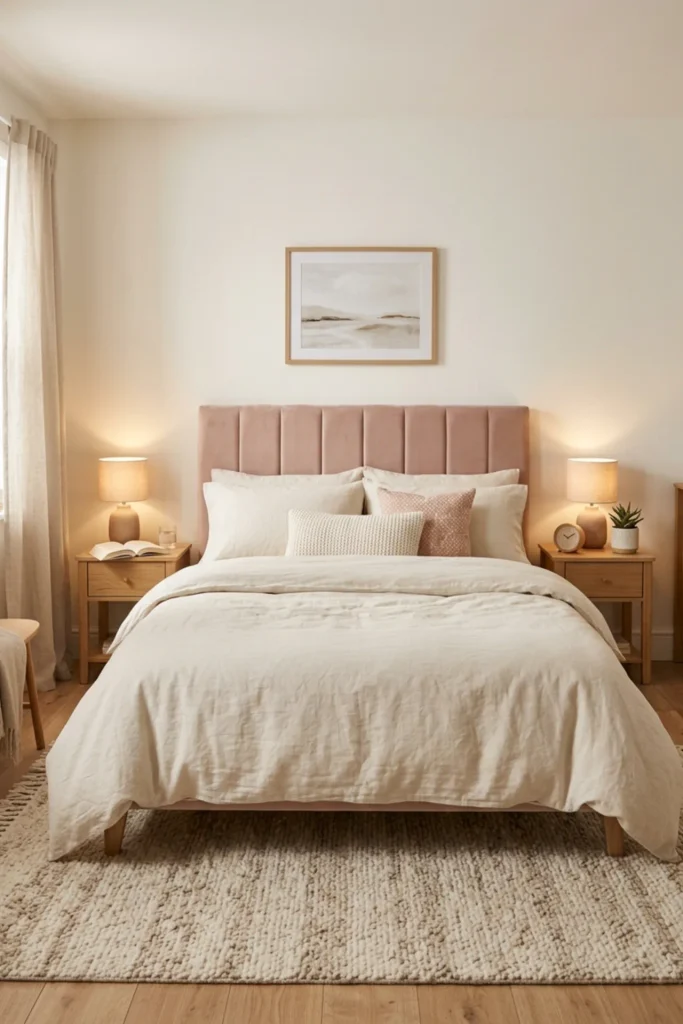 Romantic minimalist bed styled with only a few soft pillows