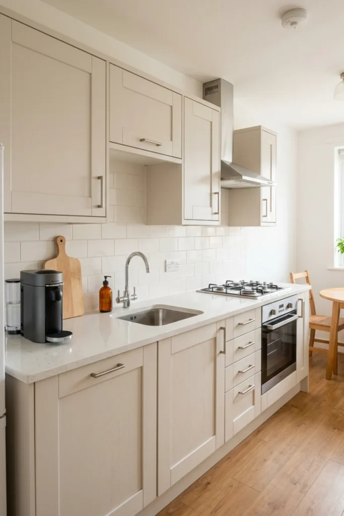 Small apartment kitchen with mostly clear counters