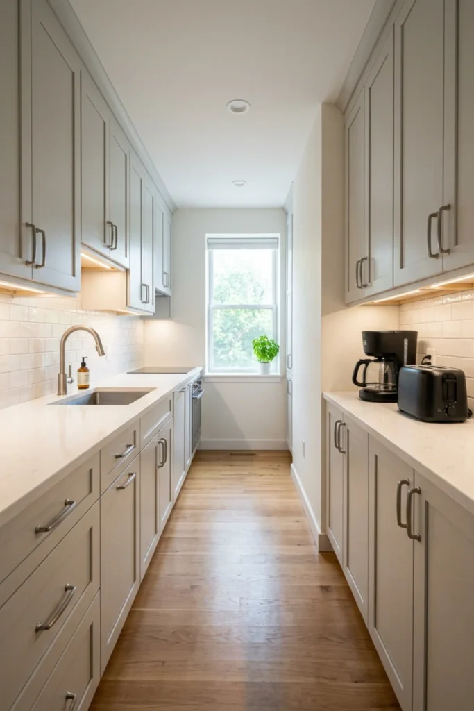 Narrow galley kitchen with one mostly clear counter run
