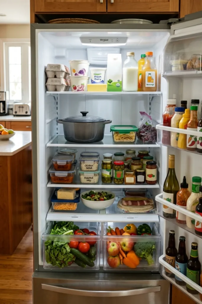 Organized refrigerator with flexible open shelf space for large items