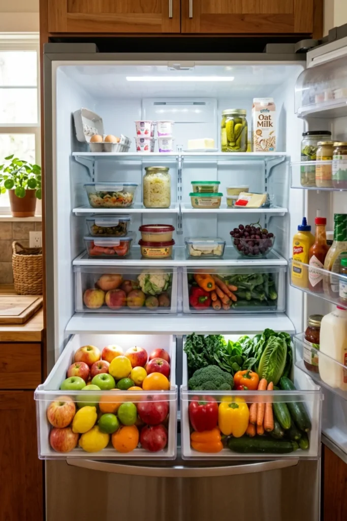 Organized refrigerator with simple fruit and vegetable crisper drawers