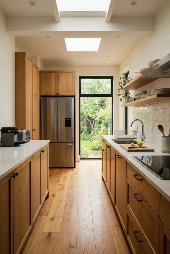 Galley kitchen with tall storage grouped at the far end