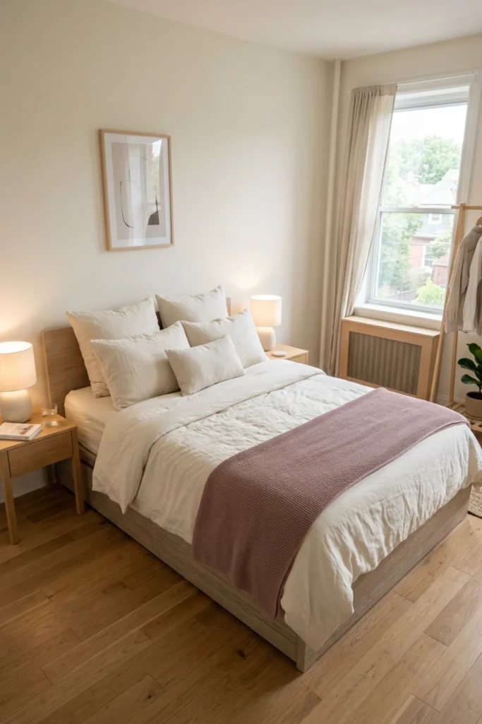 Romantic minimalist bedroom with cream bedding and one dusty rose accent