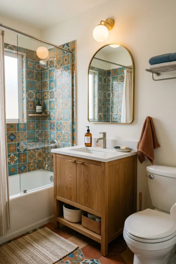 Retro apartment bathroom with a clean uncluttered vanity counter