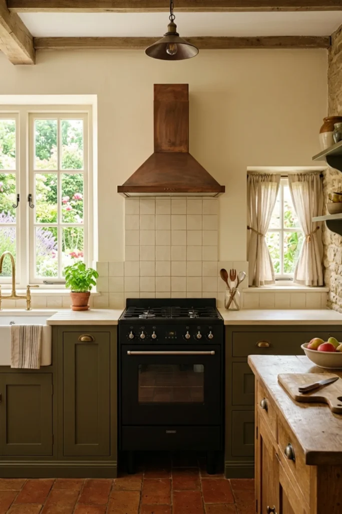 Practical uncluttered range wall in a dark cottagecore kitchen