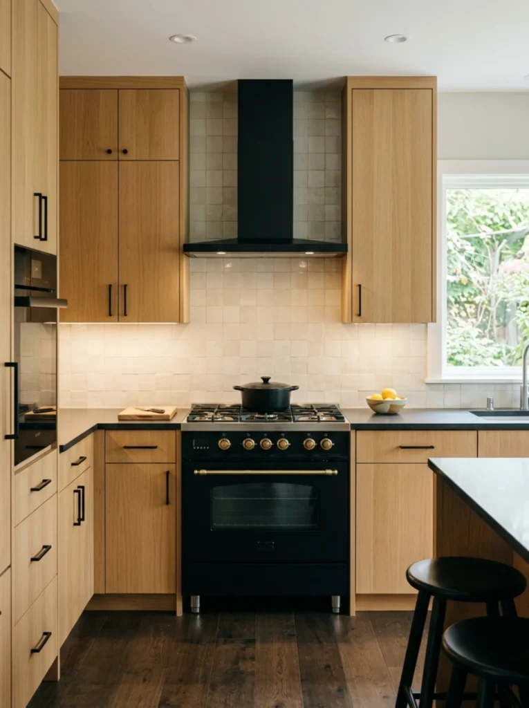 Simple practical range wall in a white oak and black kitchen