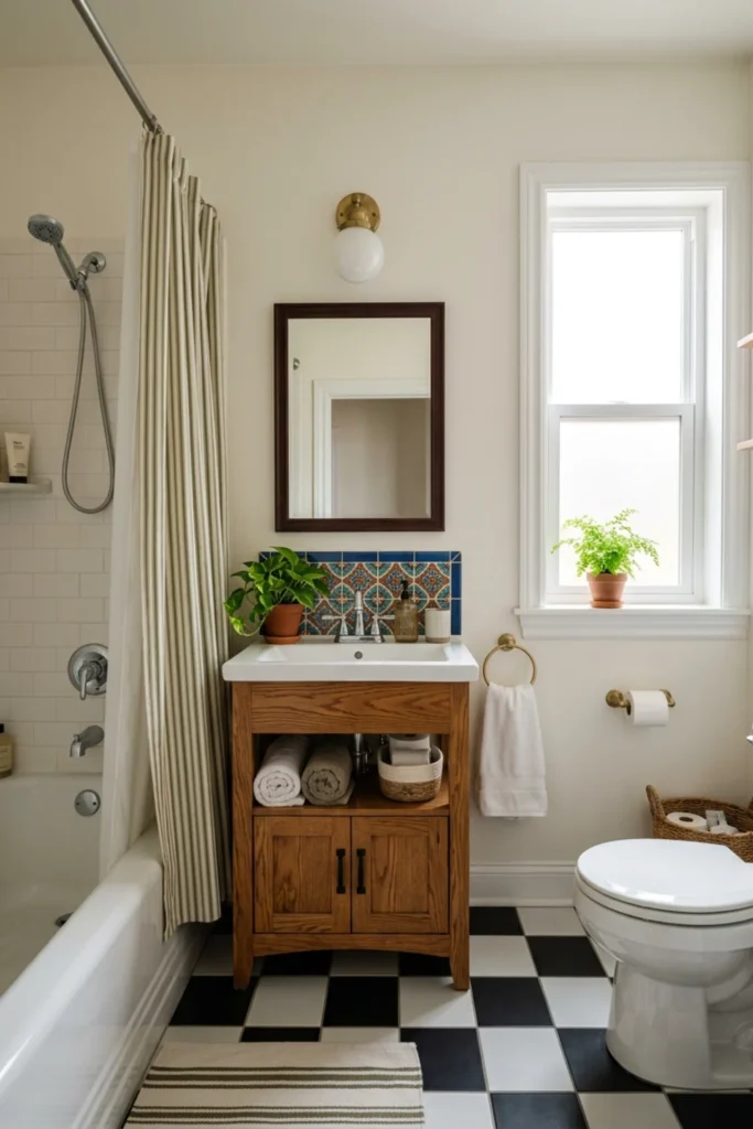 Small retro bathroom with a simple striped shower curtain
