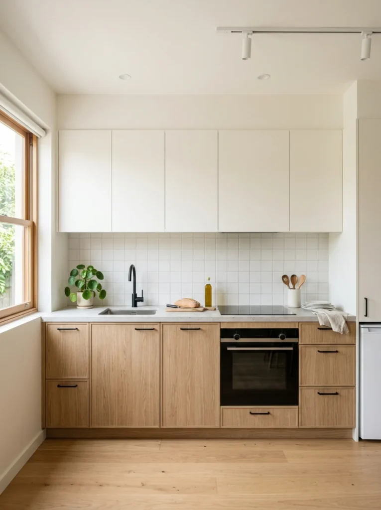 White oak small kitchen with warm white upper cabinets