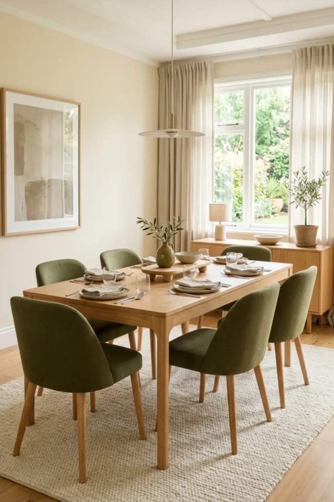 Cream dining room with olive green chairs and warm wood