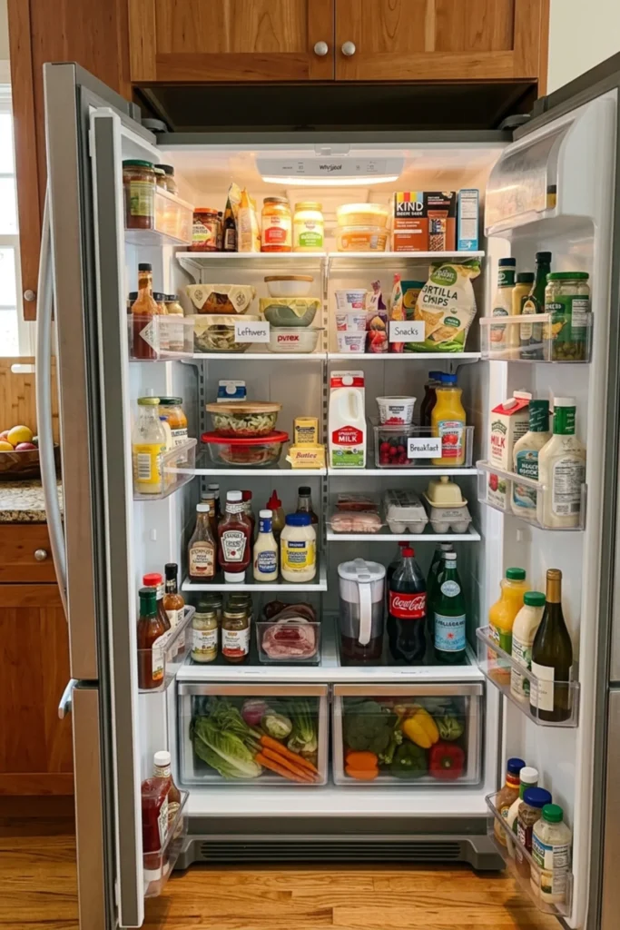 Aesthetic refrigerator organized with a few simple zone labels