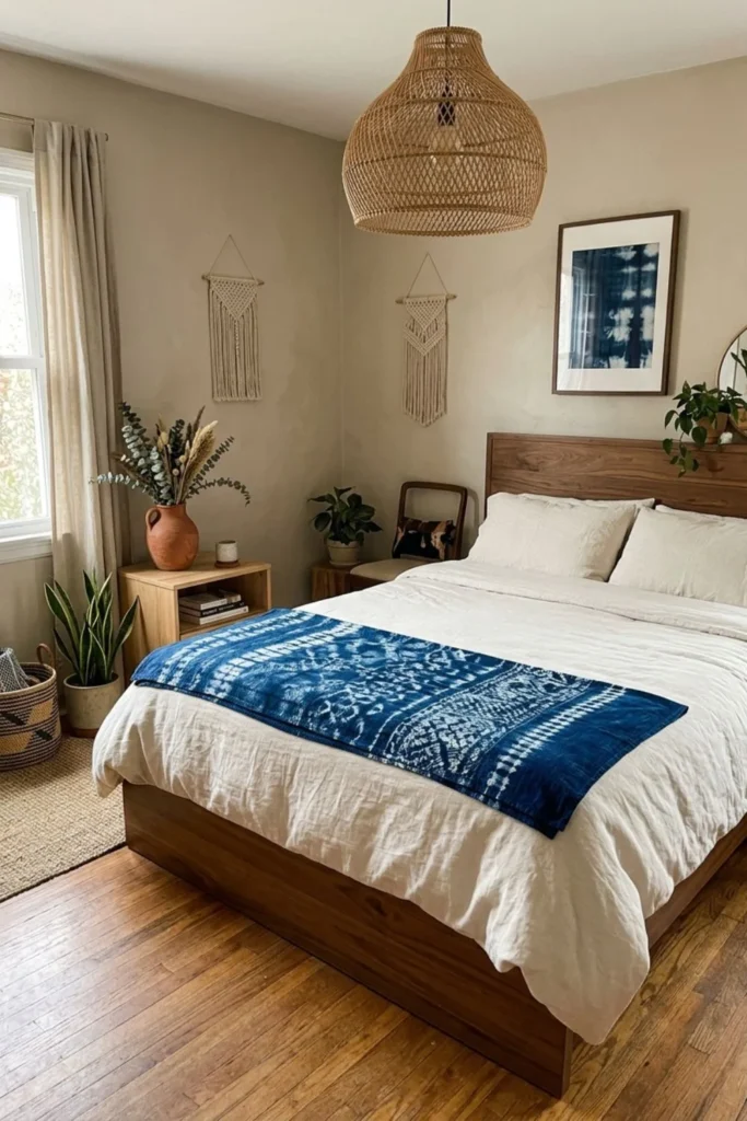Afrohemian bedroom with indigo resist-dyed inspired textile over neutral bedding