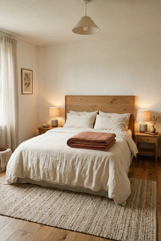 Cream bedroom layered with a terracotta bedspread
