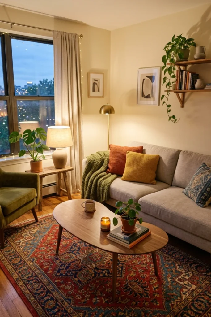 Cozy apartment sofa styled with colorful pillows and a textured throw