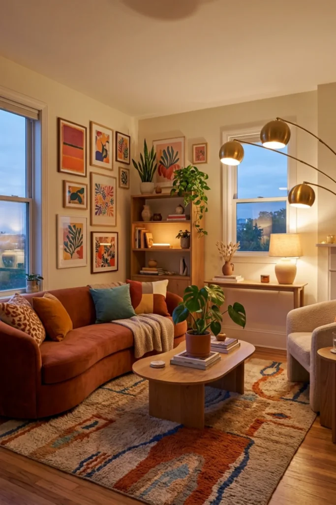 Cozy apartment living room with layered warm lighting
