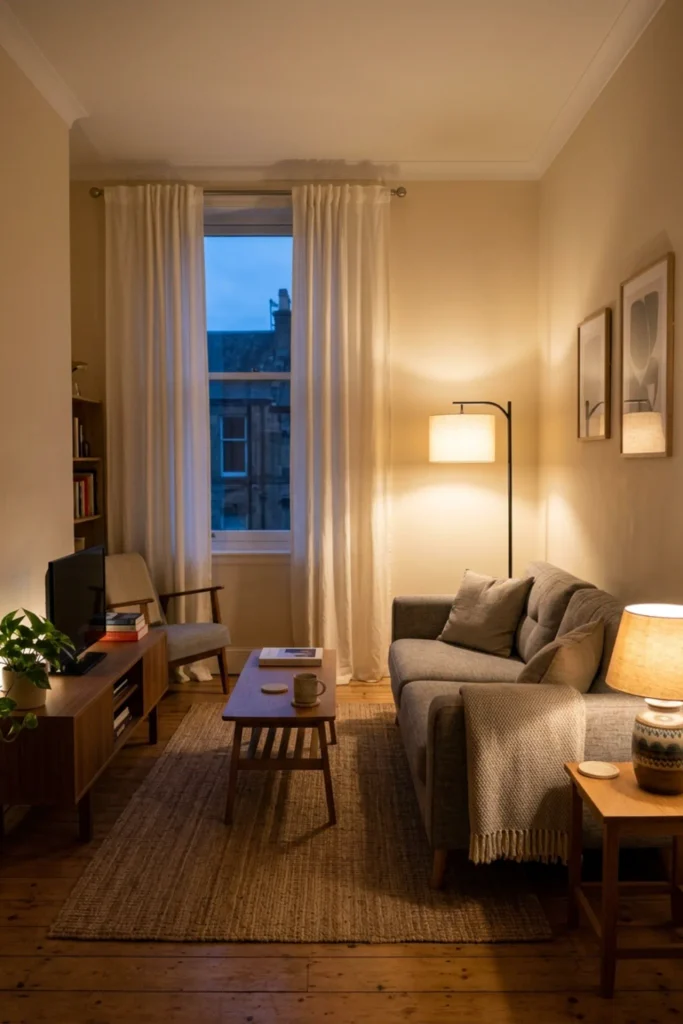 Small apartment living room with layered warm lighting
