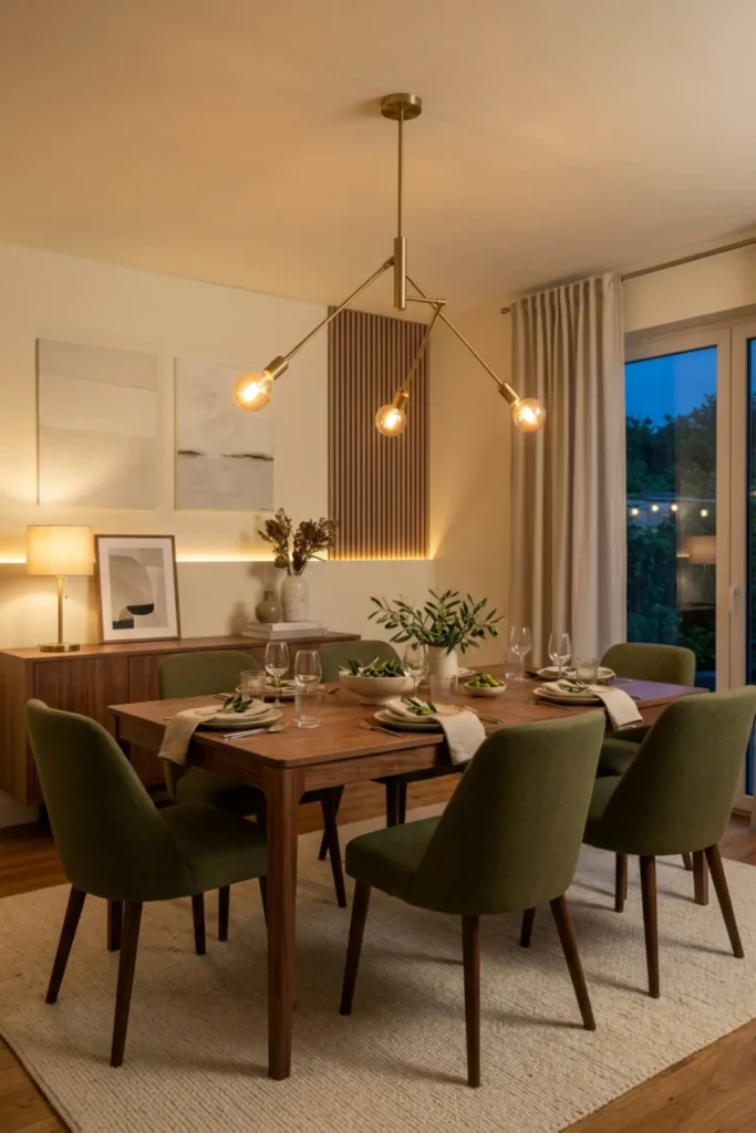 Cozy olive dining room with layered warm evening lighting