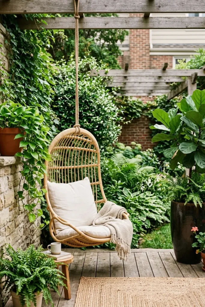 Hanging chair patio softened with a trailing plant on one side