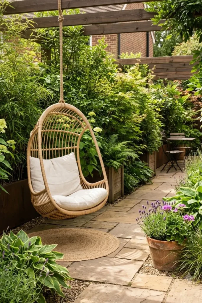 Private patio garden corner with hanging chair and tall green planters