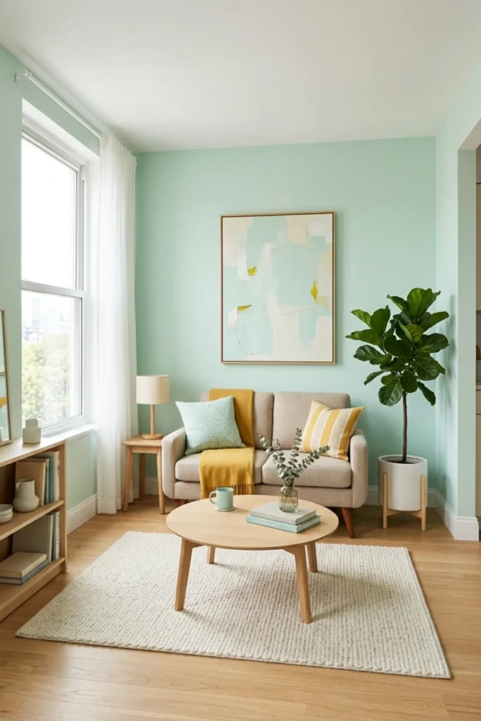 Small yellow and mint living room that feels light and open